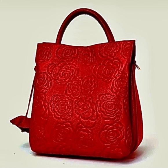 NWOT~Genuine LEATHER Floral Embossed Luxury- Satchel/Handbag/Shoulder bag - Picture 7 of 10